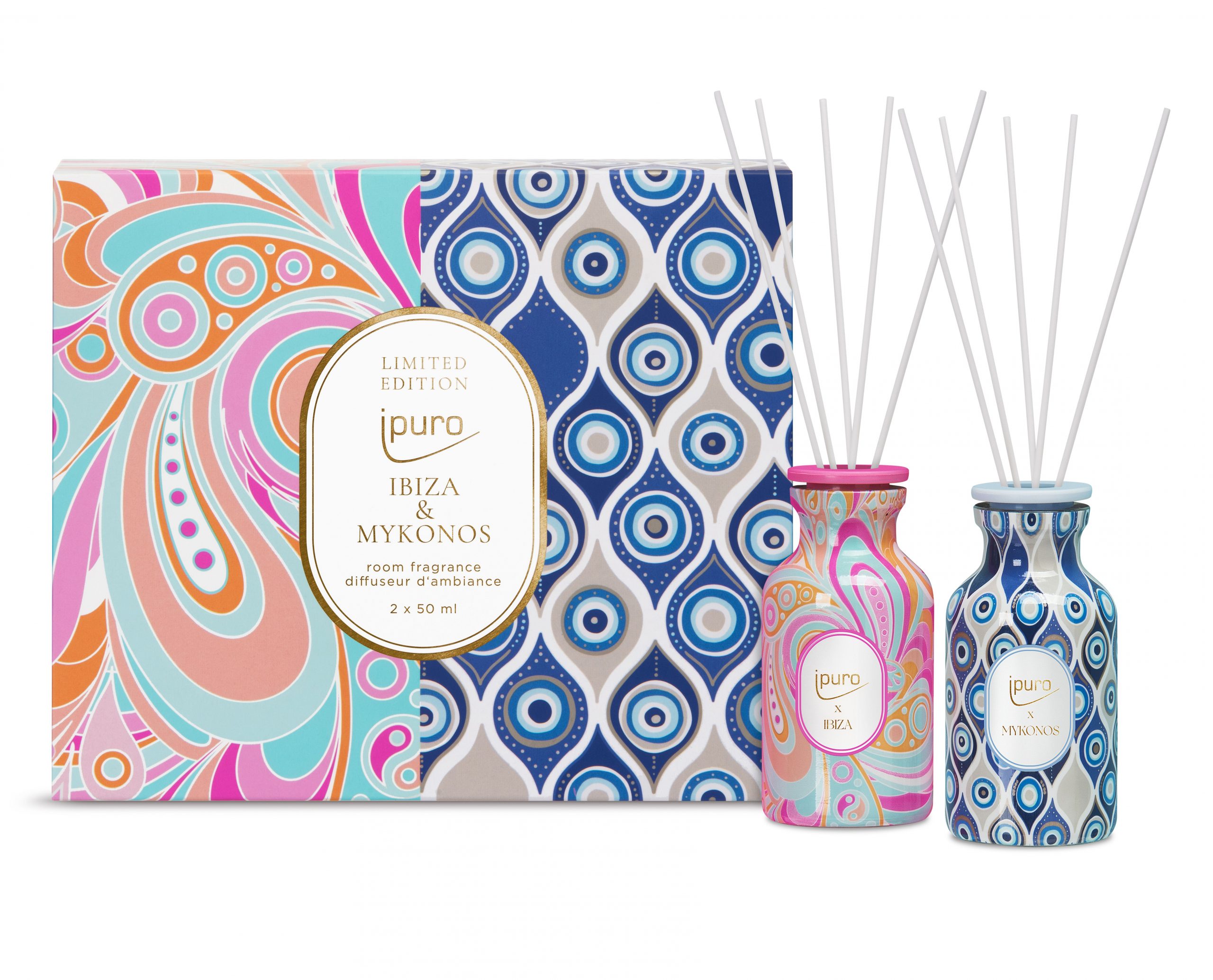 Zwei dekorative Raumduftflaschen à 50 ml in Sommerfarben, in Geschenkverpackung mit Mykonos- und Ibiza-Motiven.