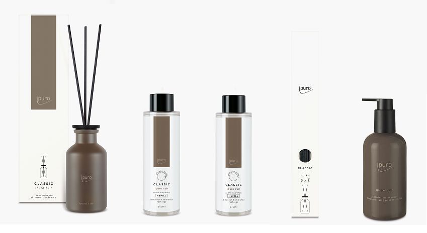 Ipuro Cuir 5-teiliges Set – Classic – Raumduft 240 ml + 2x Nachfüller + Sticks + Handseife